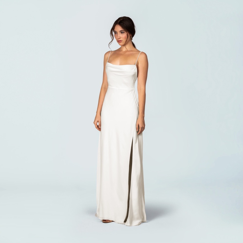 Fame and Partners Strappy Draped Gown with Low Cut Back NWT in Ivory Satin